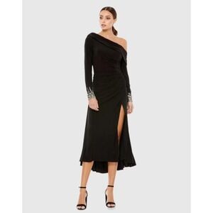 Black One Shoulder Long Sleeve Midi Dress Embellished Cuff Party Cocktail